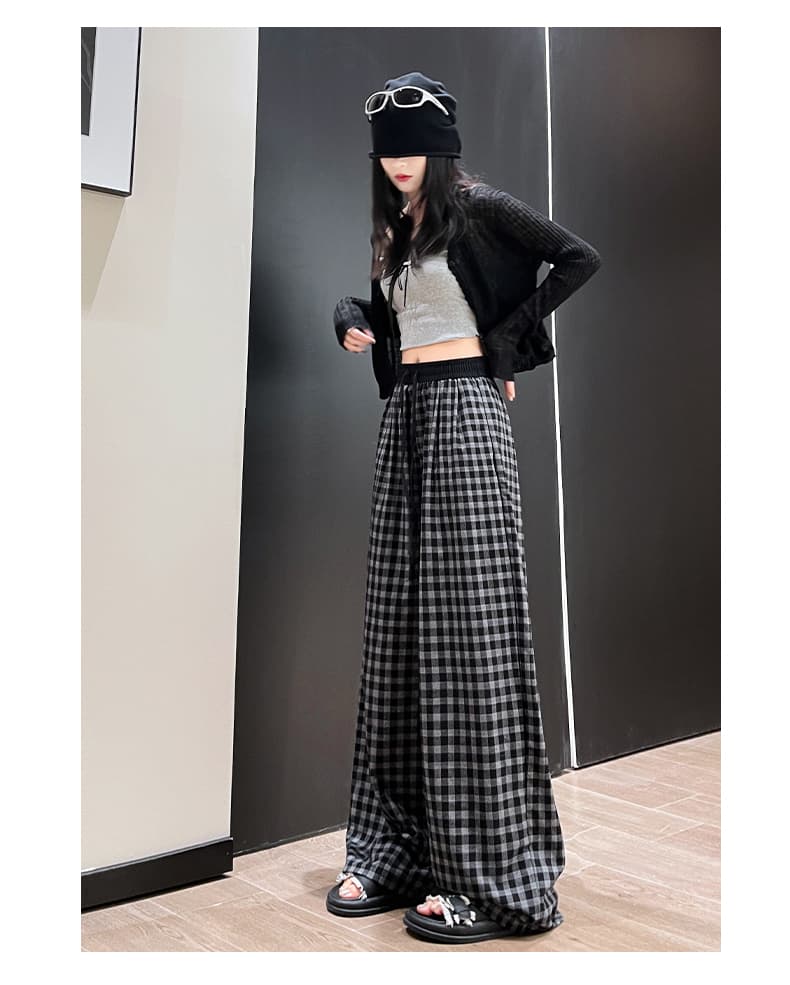 チェックパンツ グレー ゆったりシルエット格子柄ワイドパンツ