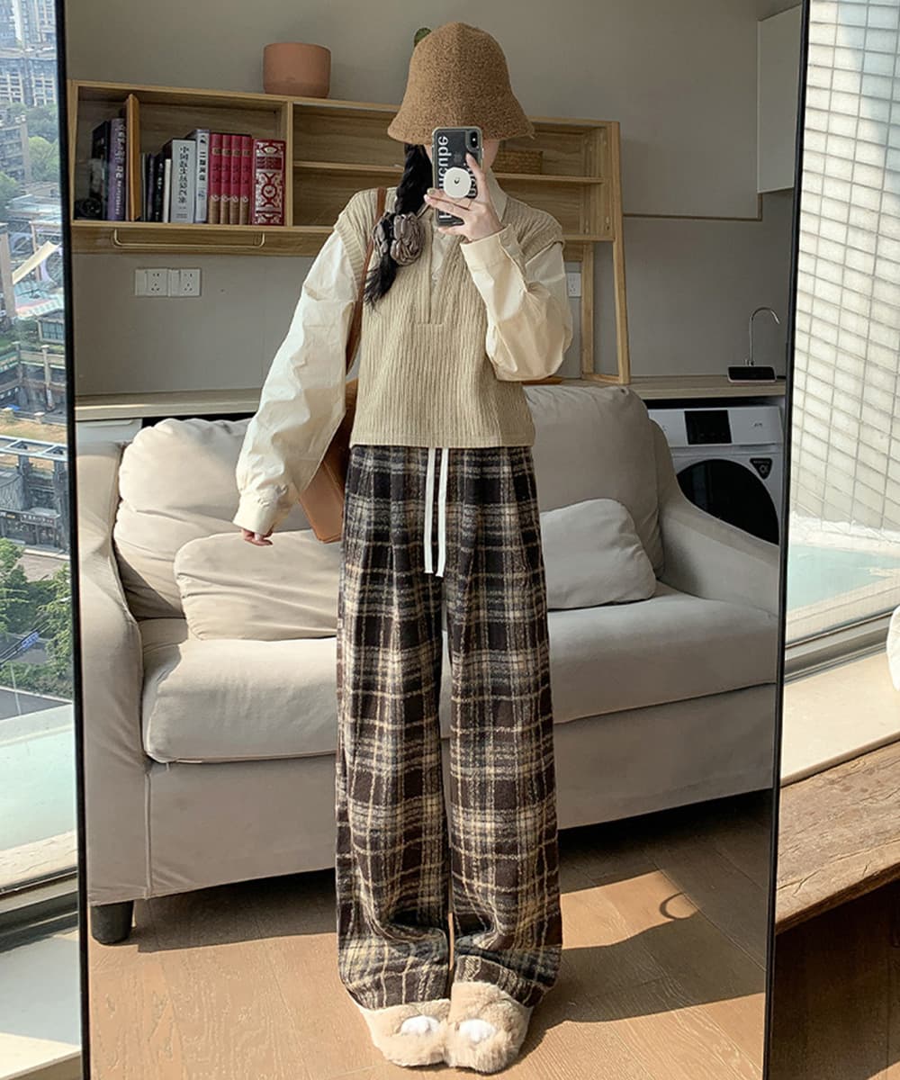 チェックパンツ チェック柄ワイドパンツ レディース ゆったり起毛