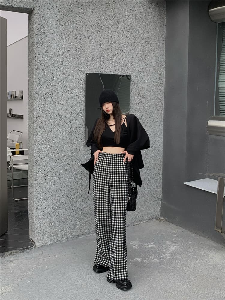 大人気厚手スプリットワイドチェックパンツ