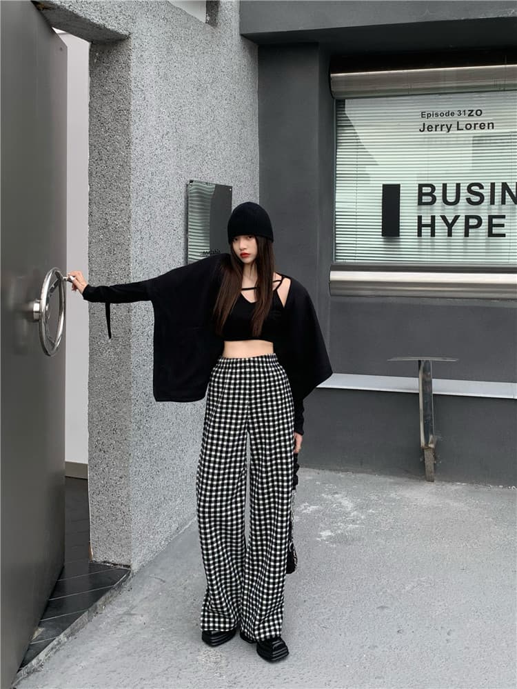 大人気厚手スプリットワイドチェックパンツ