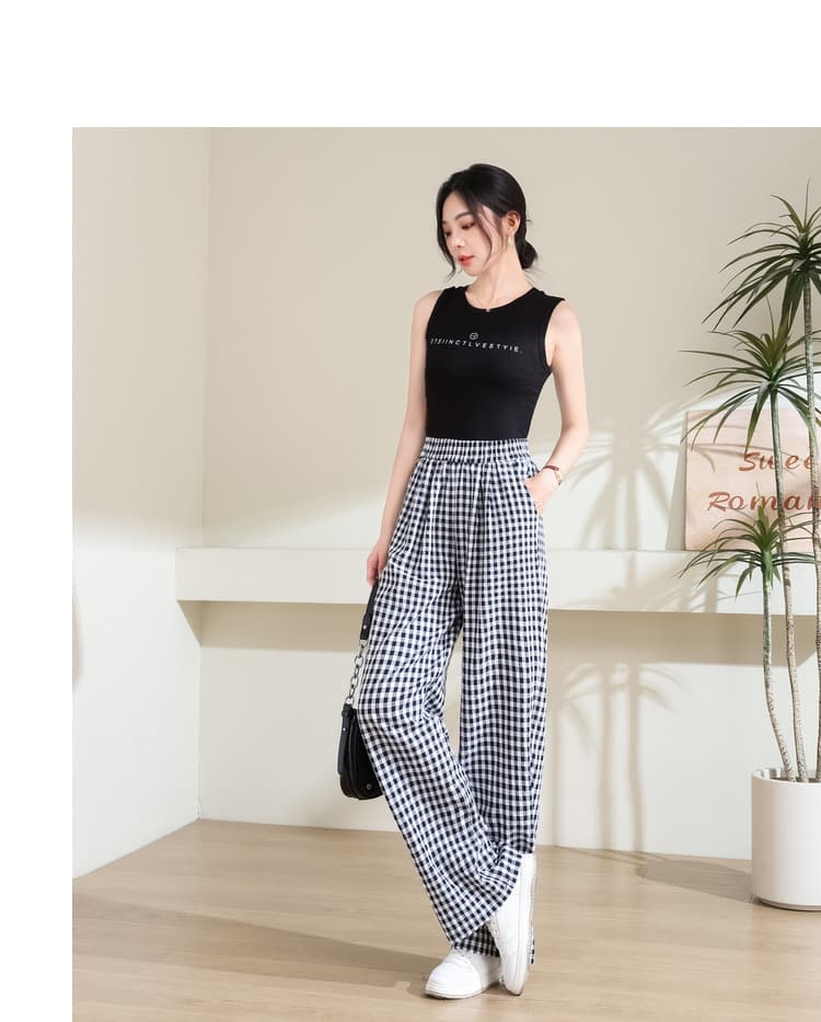 チェックパンツ 白黒 ゆったりシルエット格子柄ワイドパンツ