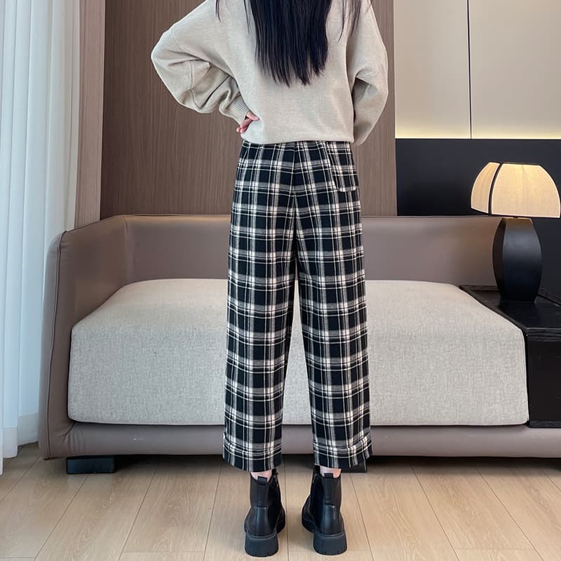 チェックパンツ 白黒 ゆったり格子柄ハイウエストパンツ