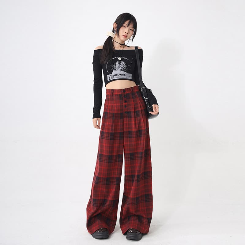 チェックパンツ 赤 ワイドシルエットチェック柄ロングパンツ