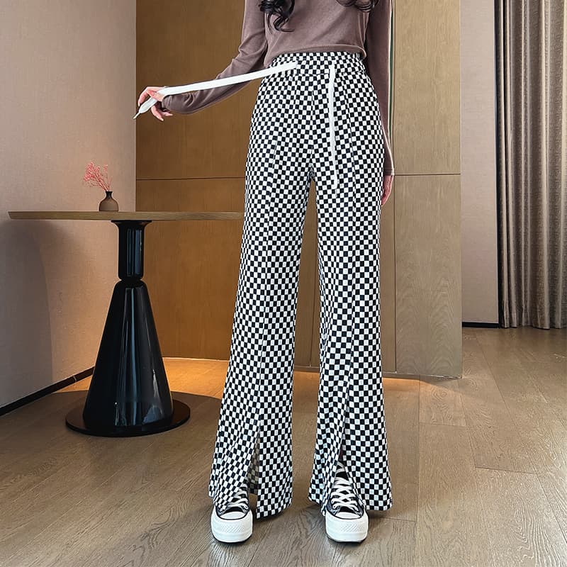 チェックパンツ 市松模様ワイドストレートパンツ