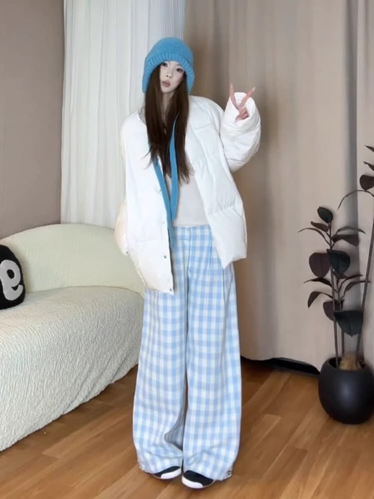 チェックパンツ 春夏ギンガムチェック柄ワイドパンツ