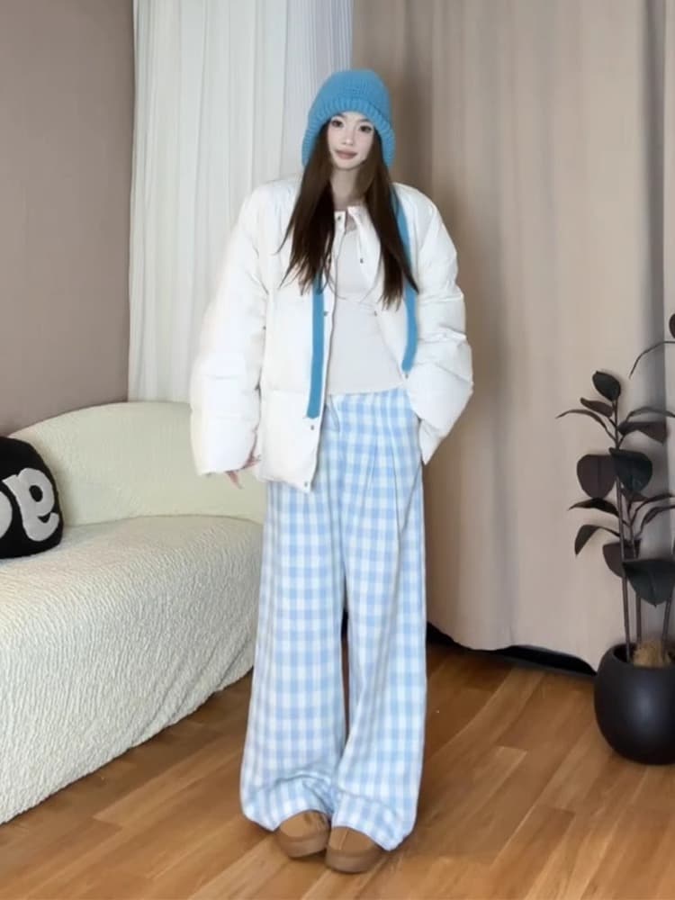 チェックパンツ 春夏ギンガムチェック柄ワイドパンツ