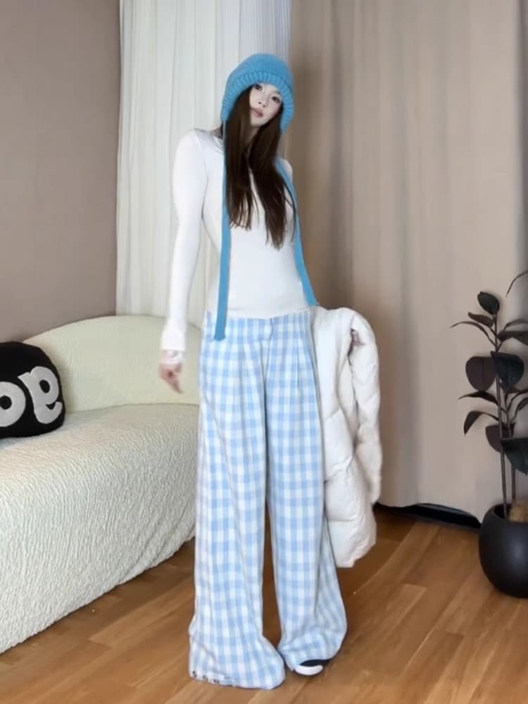 チェックパンツ 春夏ギンガムチェック柄ワイドパンツ