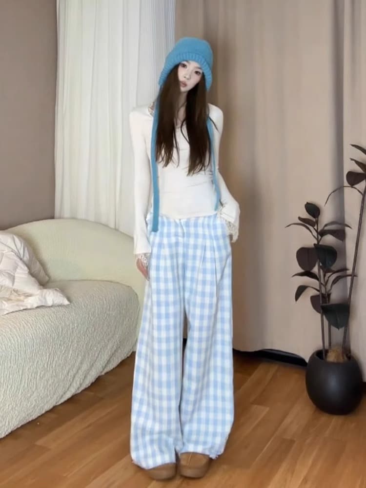 チェックパンツ 春夏ギンガムチェック柄ワイドパンツ