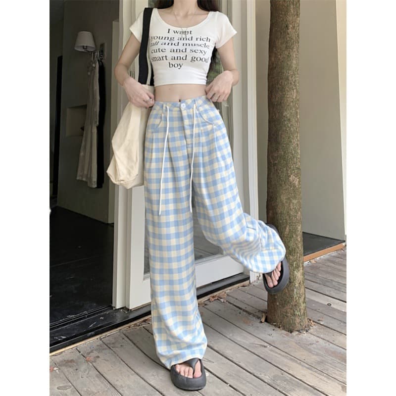 チェックパンツ ゆったりギンガムワイドパンツ