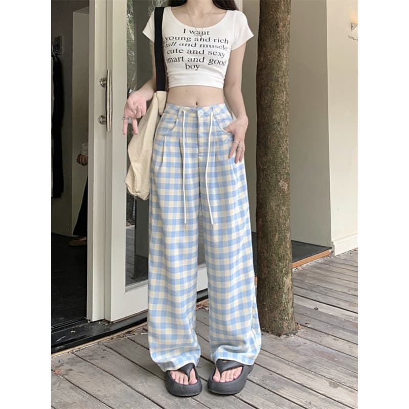 チェックパンツ ゆったりギンガムワイドパンツ